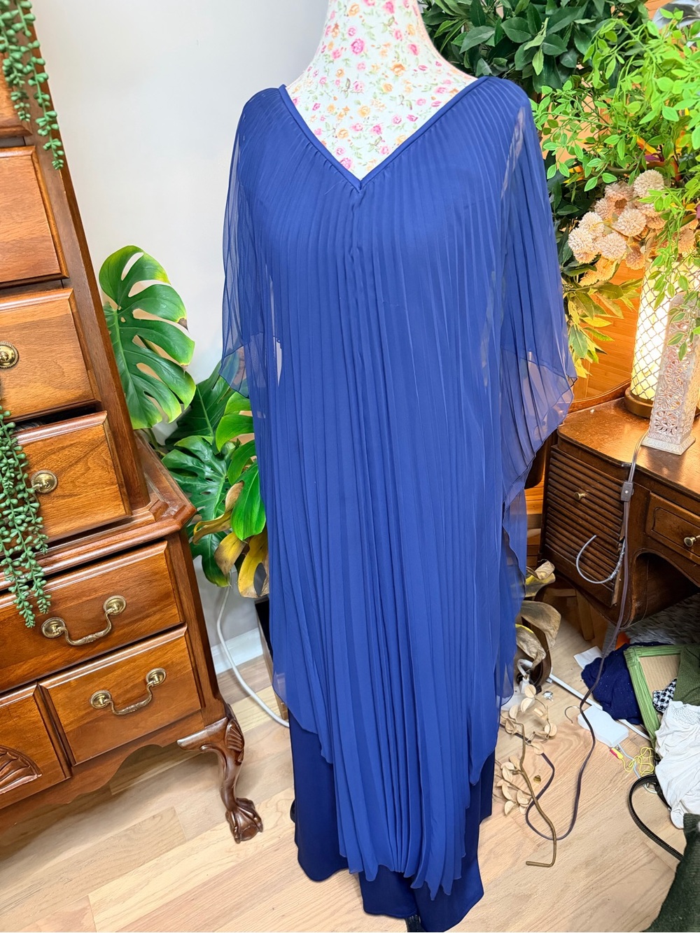 Vintage 70s Themes Blue Pleated Cape Maxi Dress L